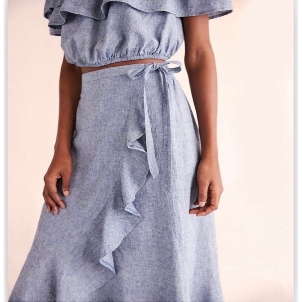 Express Chambray Denim Linen Blend Faux Wrap Maxi Skirt Size XS - Picture 2 of 11
